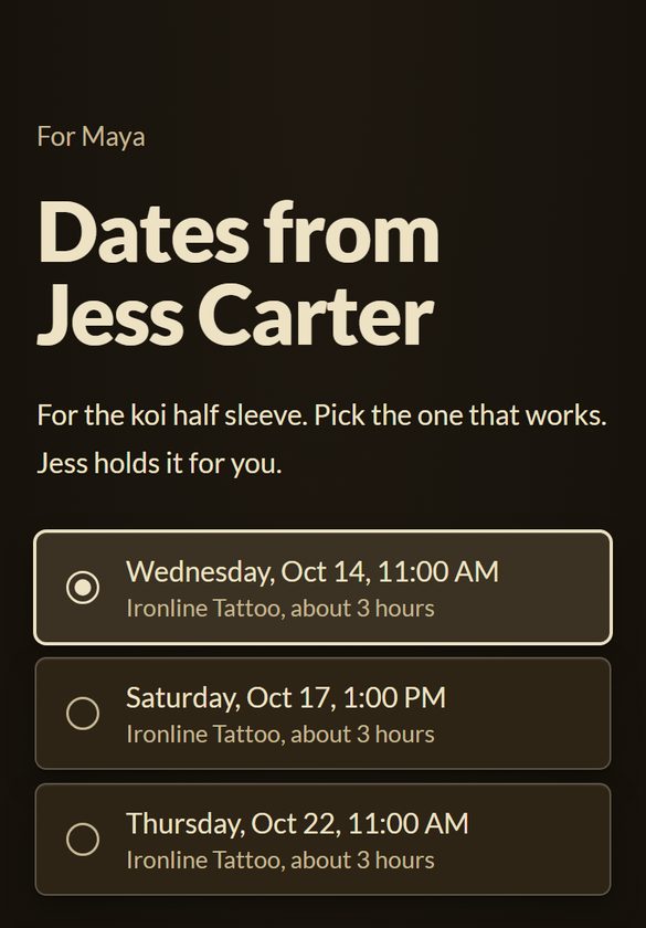 Dates to pick, as a client sees it on their phone